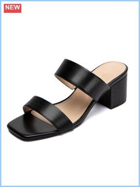 Women's Two Strap Block Heel Square Toe Sandals 2 Inch Slip On